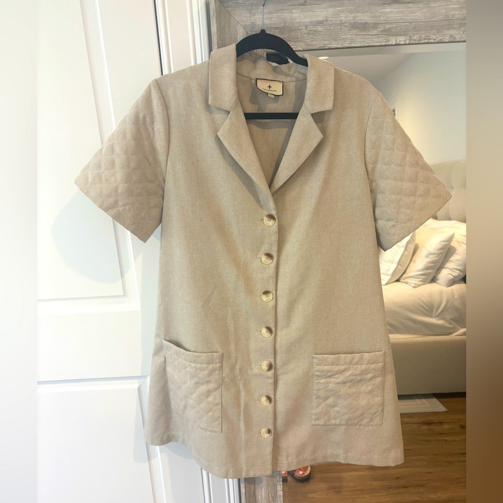 Beige Short Sleeve Button-Up Dress